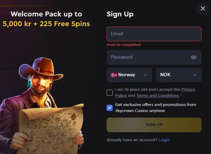 registrer konto skycrown