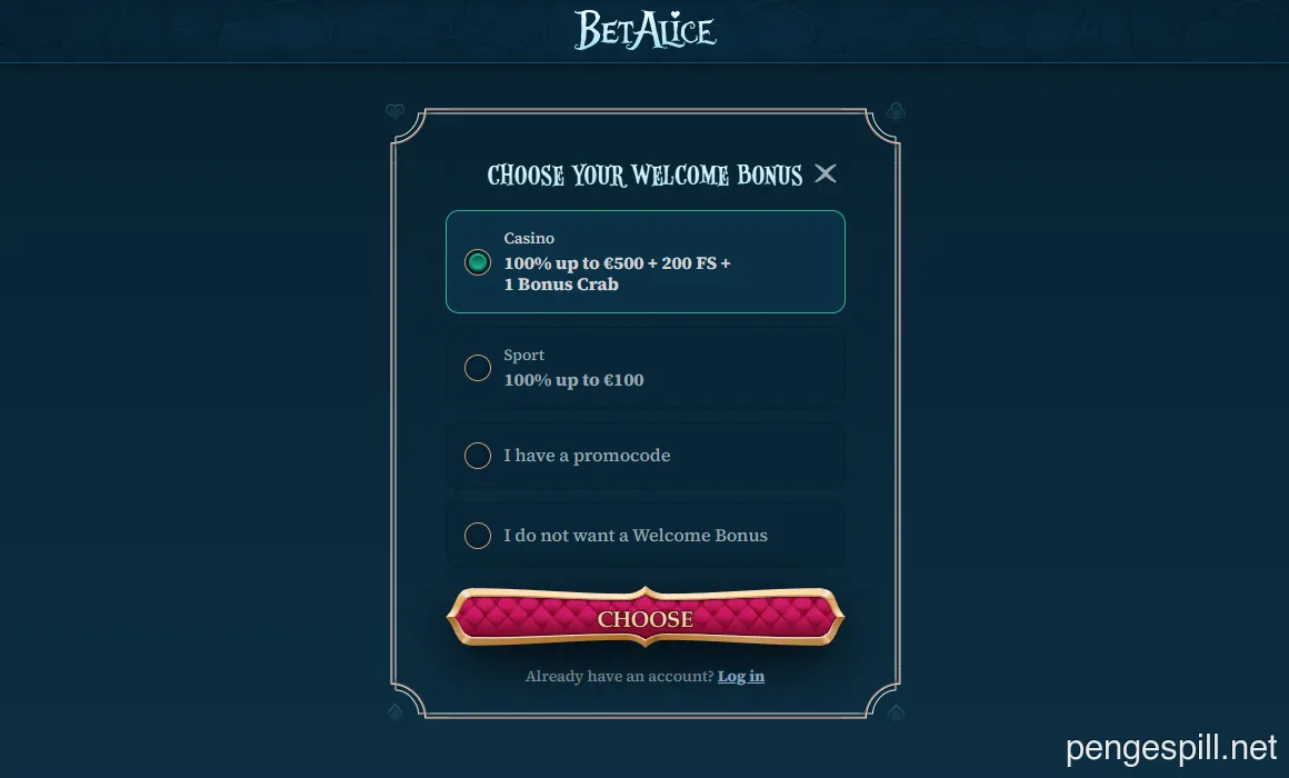 BetAlice Casino velkomstbonus