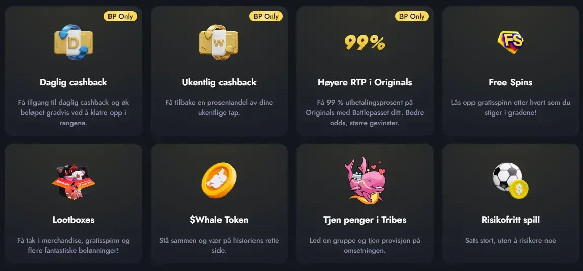 Whale Casino Battlepass og cashback-oversikt