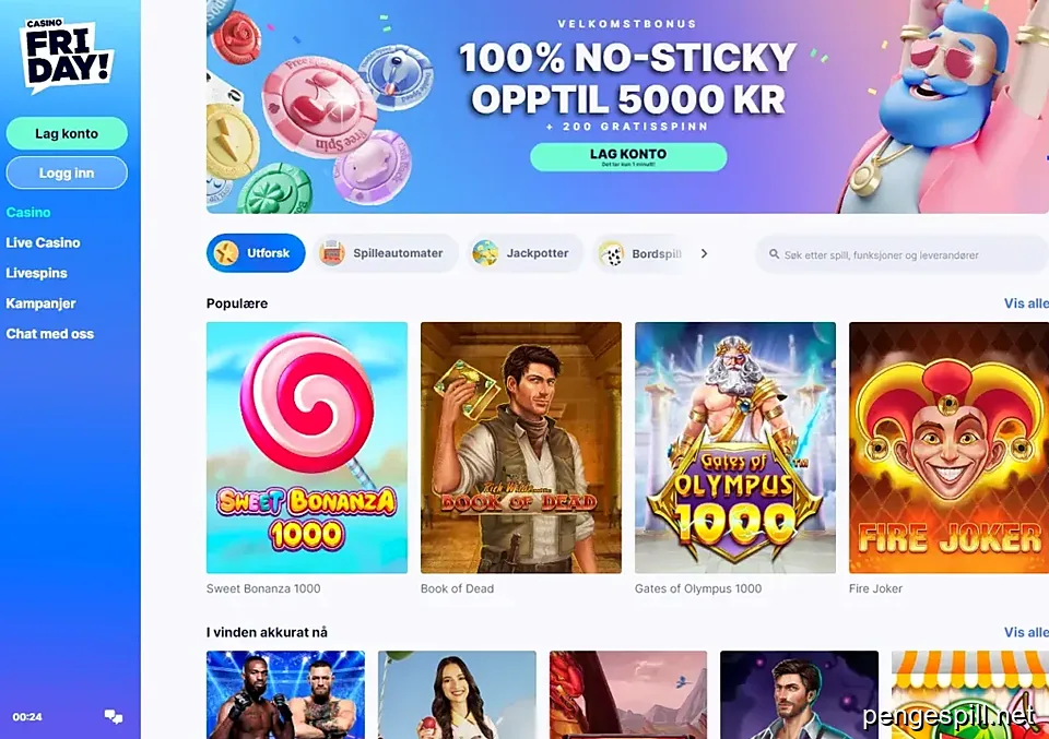 CasinoFriday casino lobby med velkomstbonus og spillutvalg