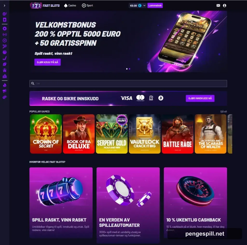 Fastslots Casino forside hos PengeSpill