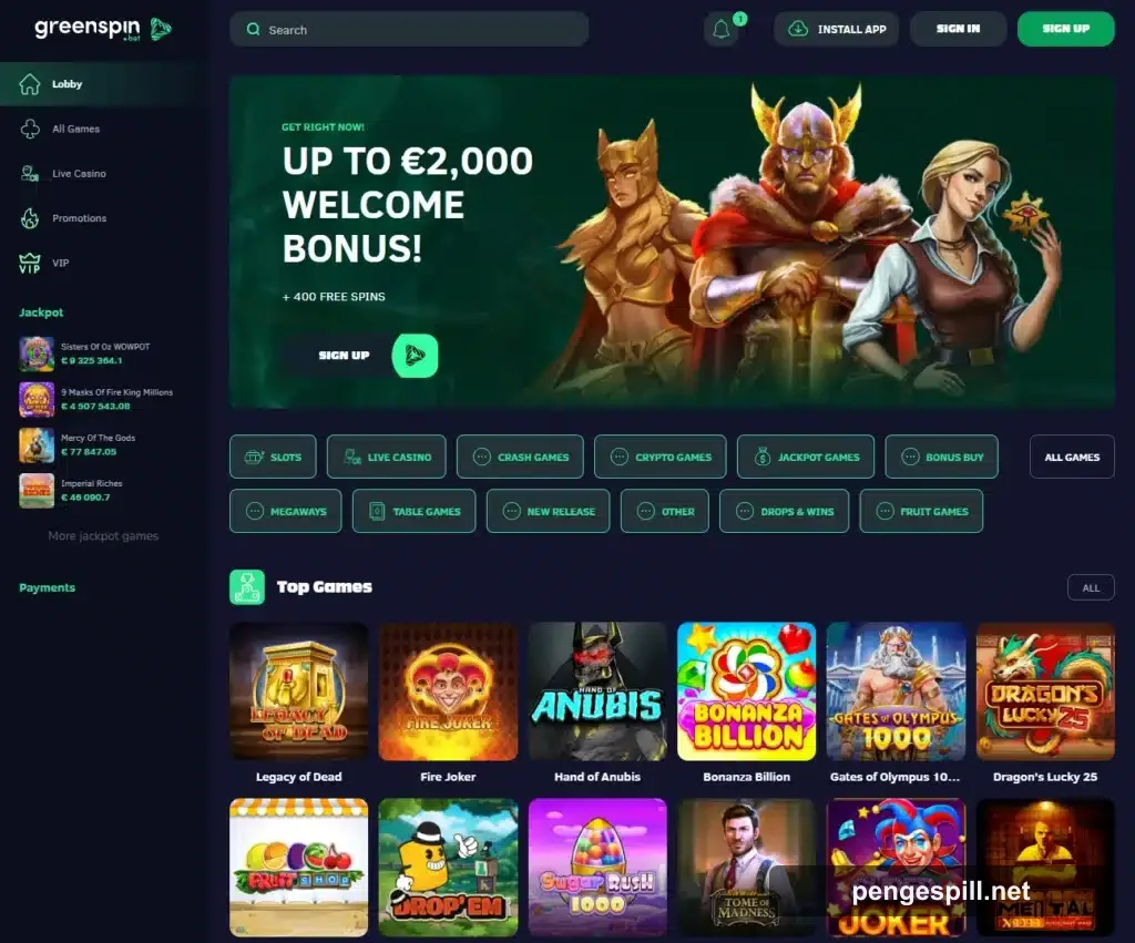 GreenSpin Casino forside hos PengeSpill