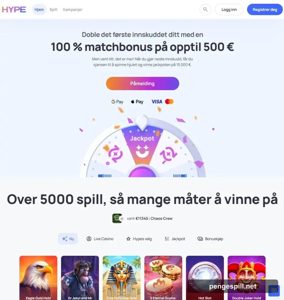 Hype Kasino forside hos PengeSpill