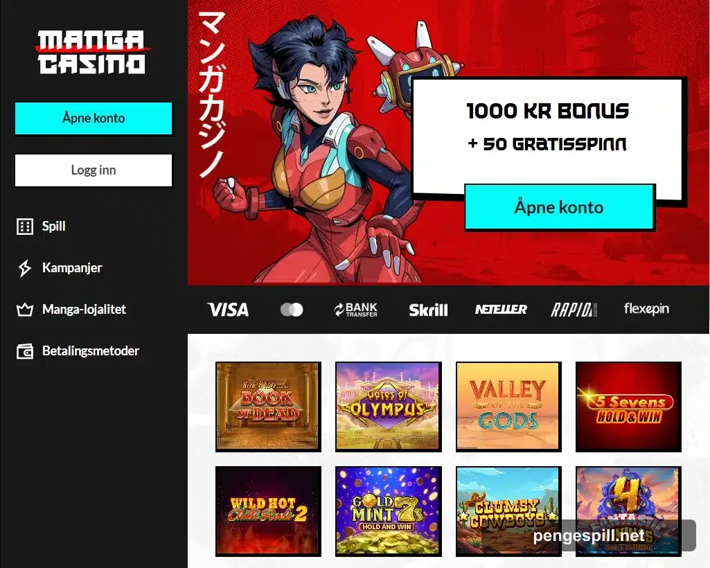 Manga Casino forside hos PengeSpill