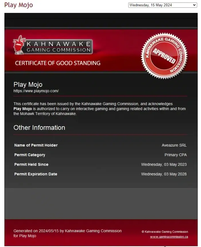 PlayMojo Casino Kahnawake lisensinformasjon