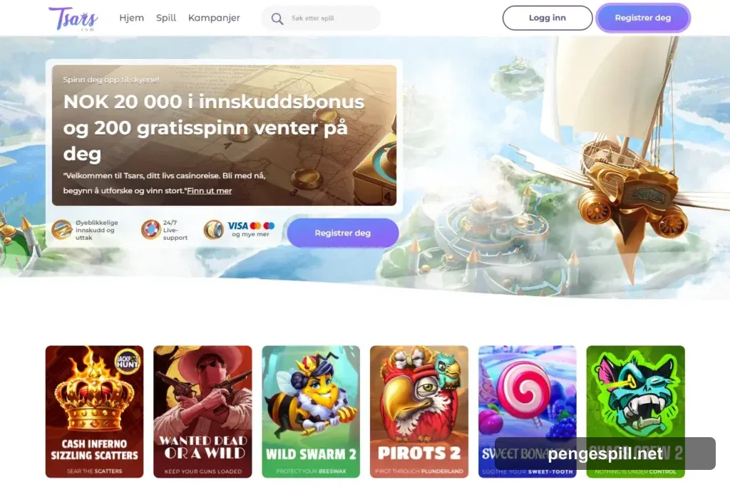Tsars Casino forside hos PengeSpill
