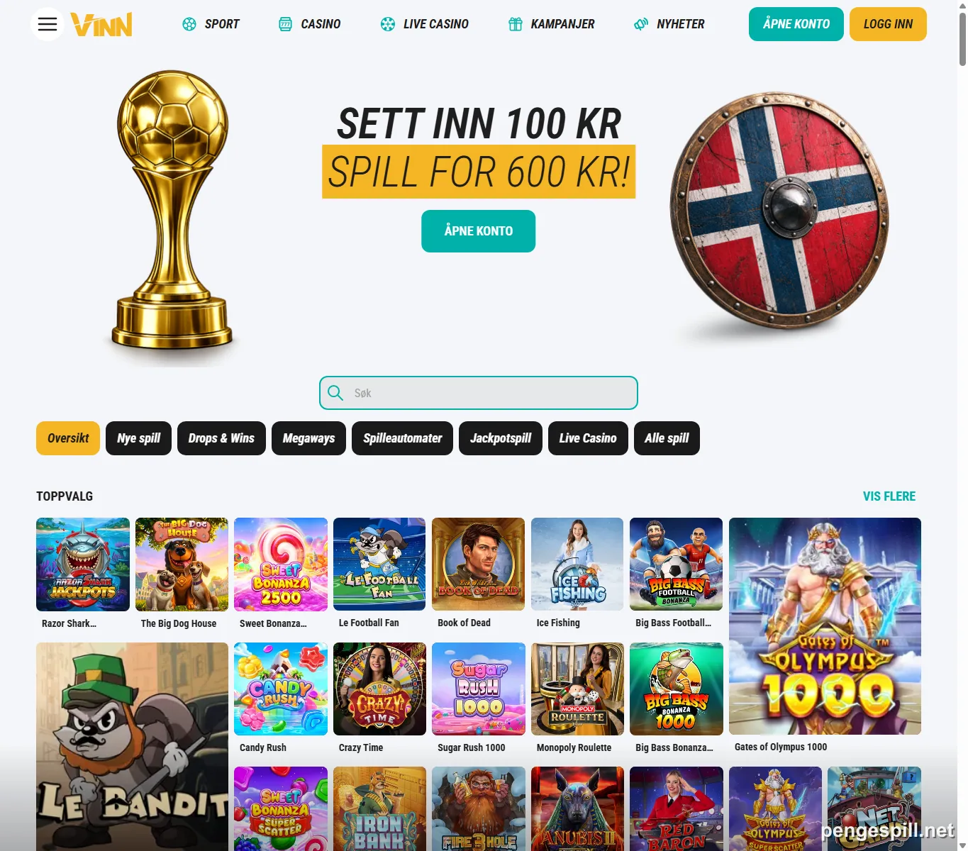 Vinn Casino forside med casino, sport og spillobby