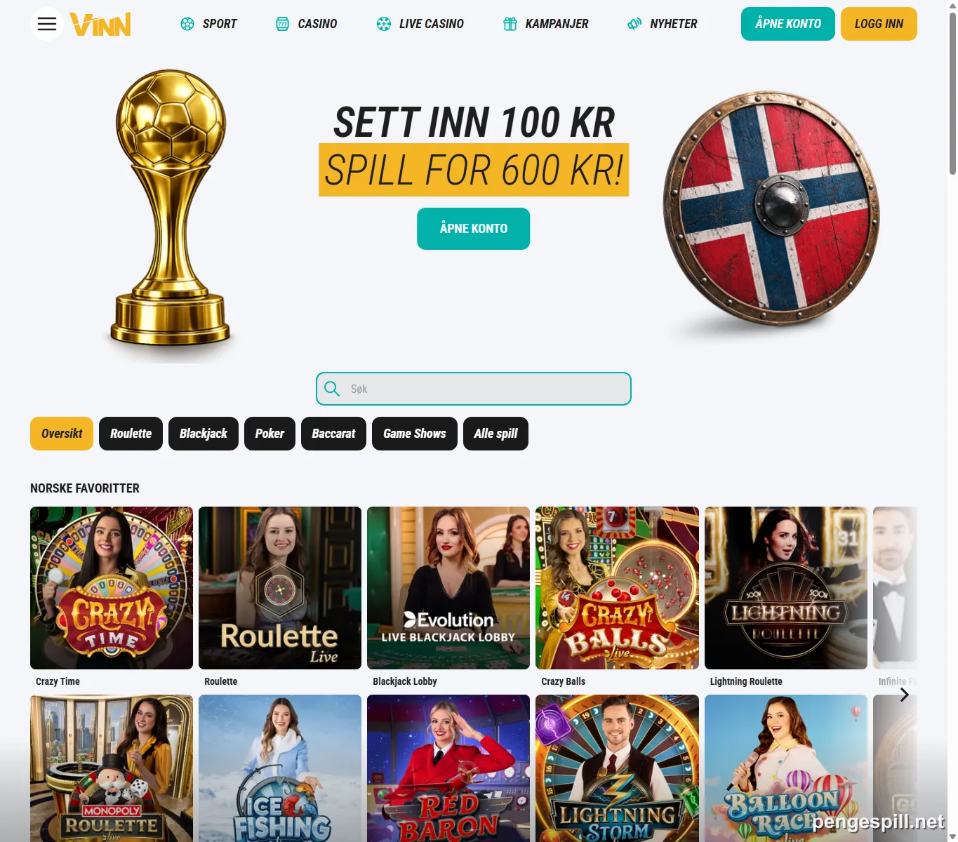 Vinn live casino lobby med Crazy Time, roulette, blackjack og game shows