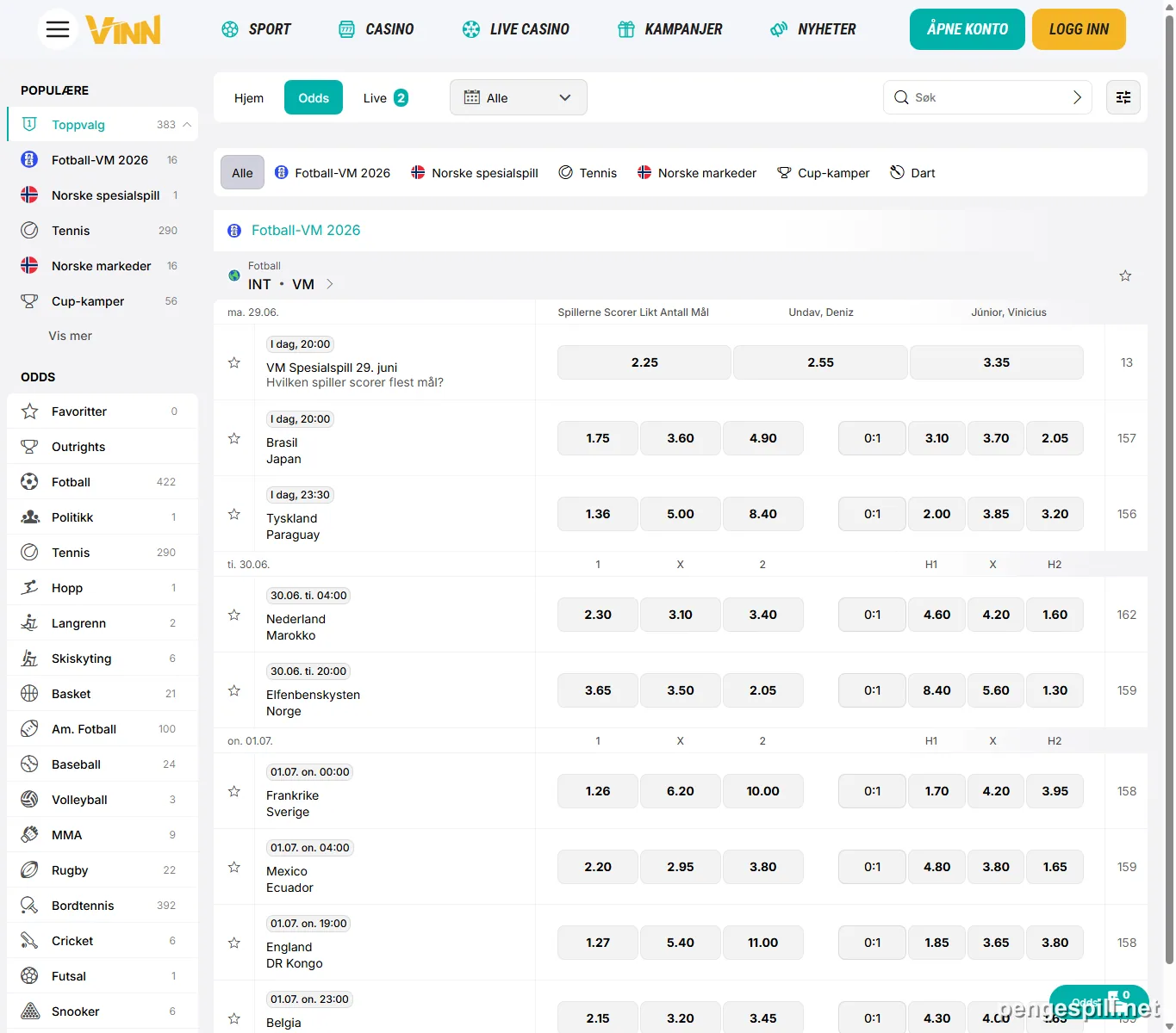 Vinn sportsbook med fotballmarkeder, live betting og odds