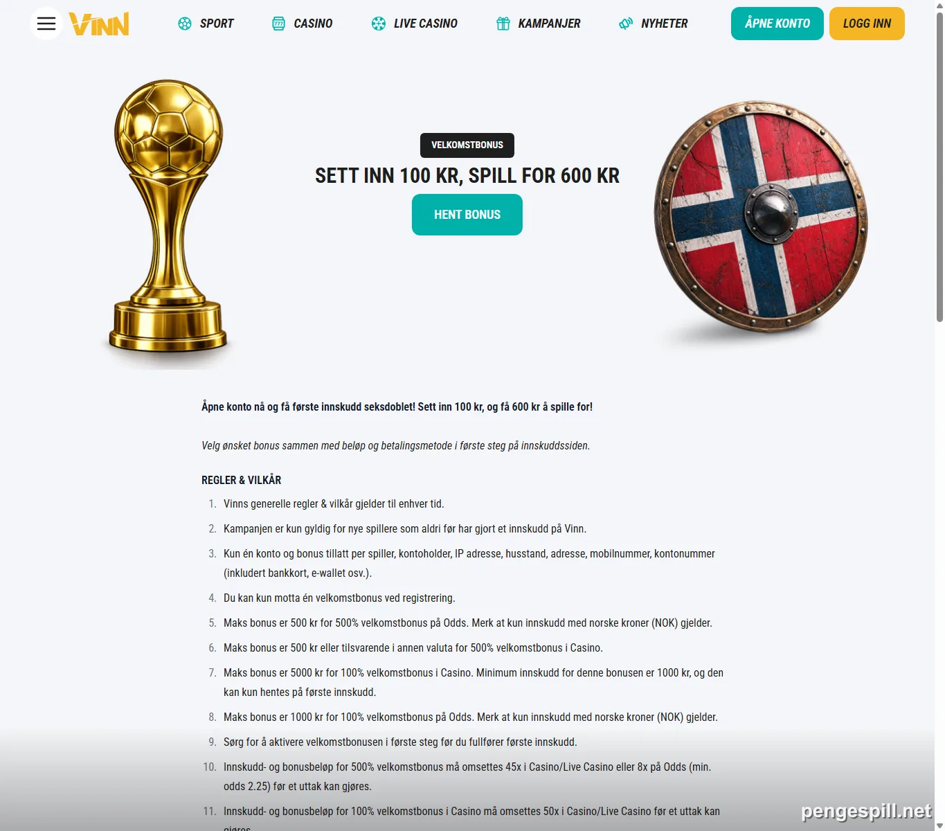Vinn Casino velkomstbonus med 100 kr innskudd og 600 kr å spille for
