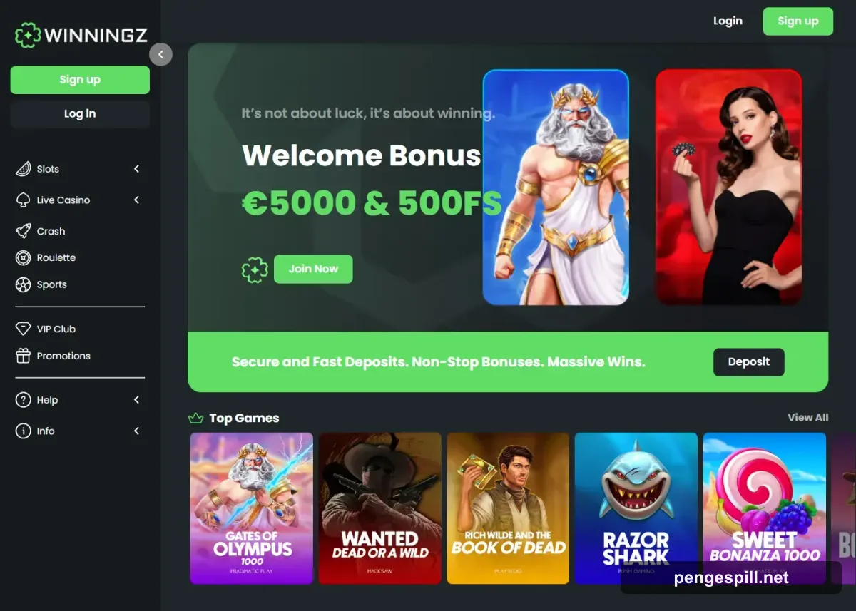 Winningz Casino forside hos PengeSpill