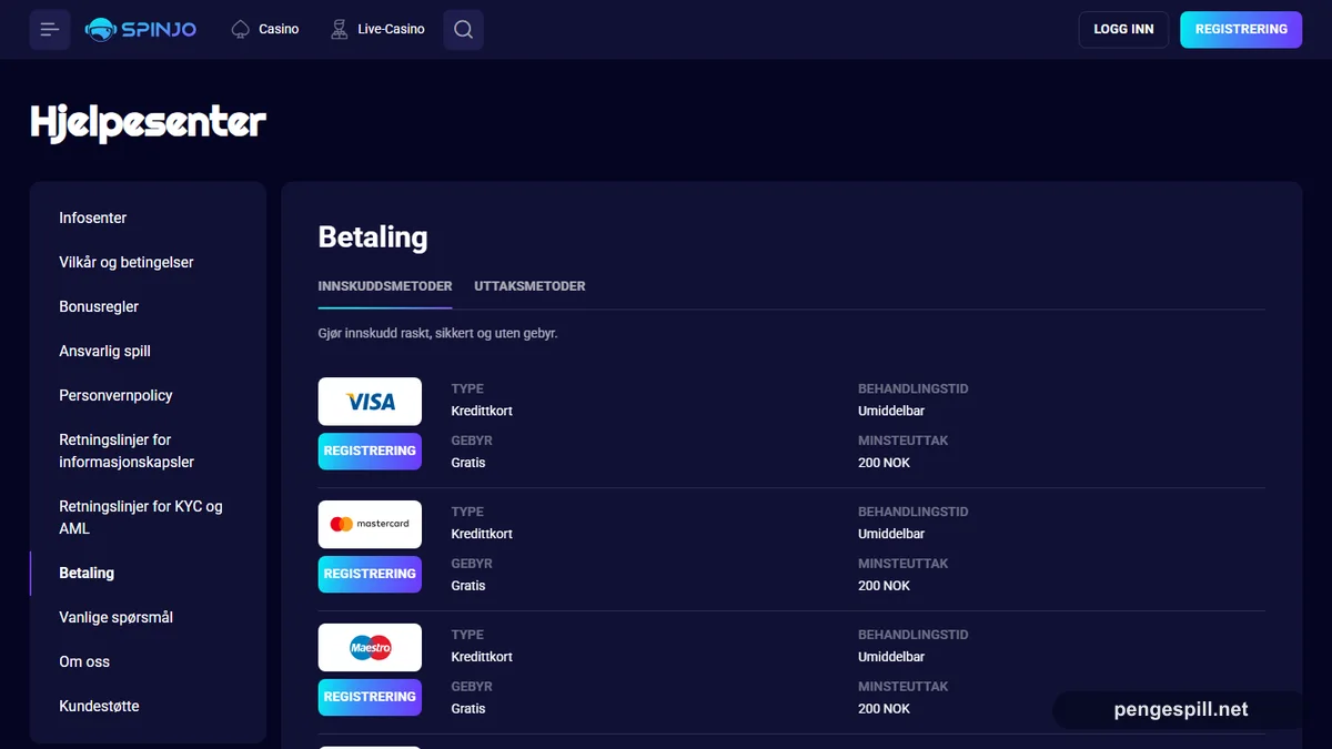 Spinjo betalingsside med Visa Mastercard Skrill Neteller og krypto