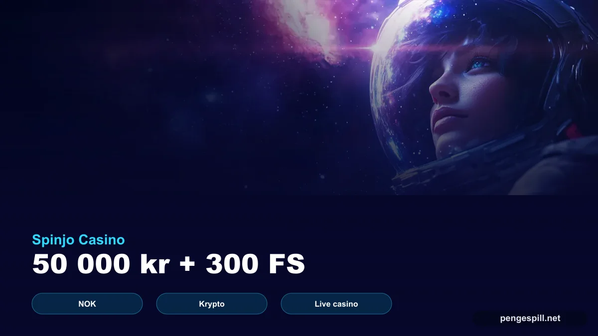 Spinjo Casino forside med 50 000 kroner og 300 gratisspinn